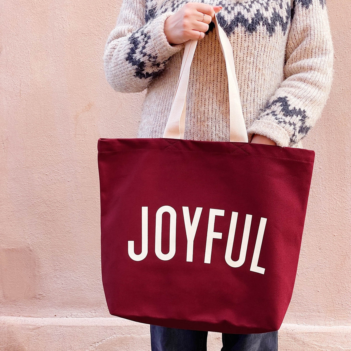 Joyful - Burgundy Canvas Tote Bag