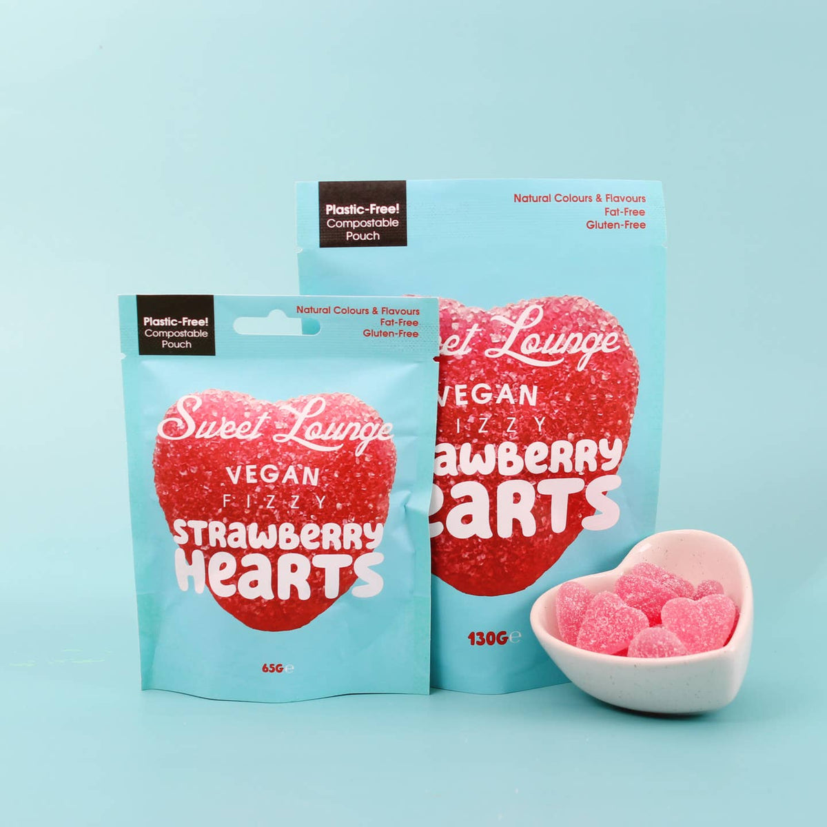 Vegan Fizzy Strawberry Hearts (Plastic-Free) 130g