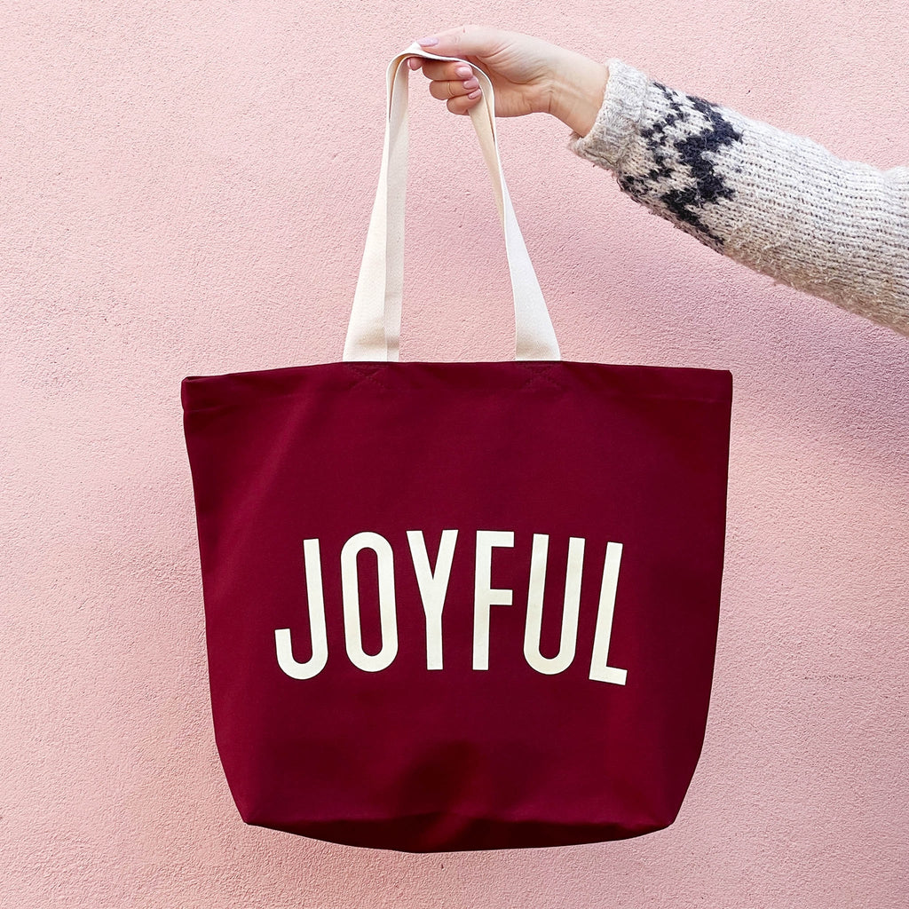 Joyful - Burgundy Canvas Tote Bag