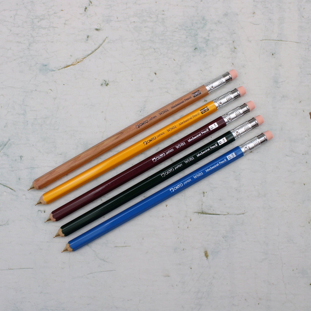 A selection of coloured wooden mechanical pencils from the Pencil Me In stationery shop. 