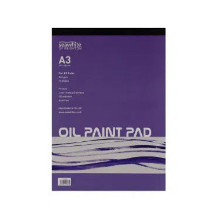 Oil paint pad with purple cover and white text on a white background
