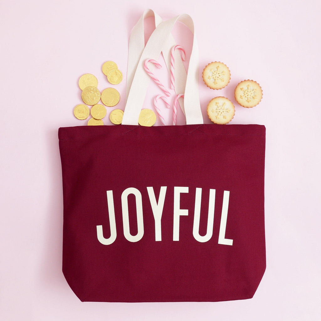 Joyful - Burgundy Canvas Tote Bag